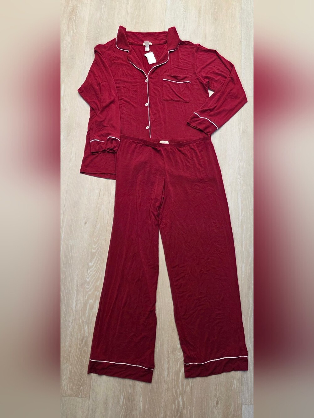 Eberjey Gisele Tencel Modal Long PJ Set Pajama Large Pants Shirt Red Self Care L - Picture 3 of 5